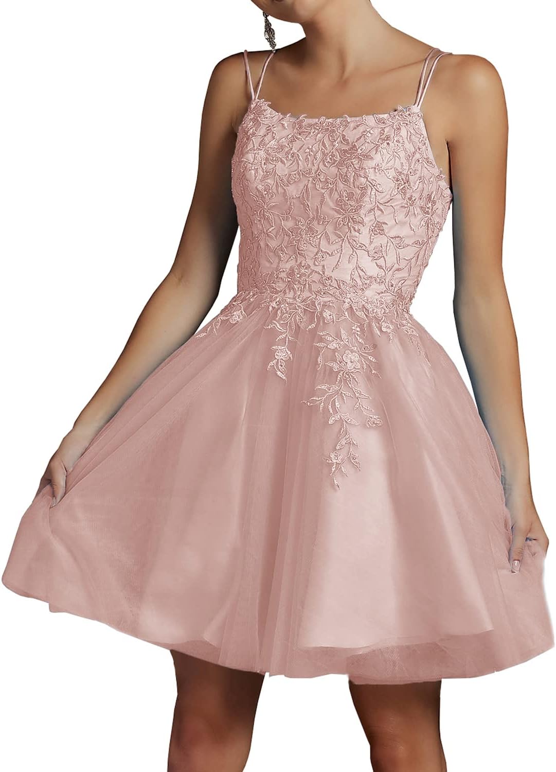 Modest Lace Beaded Tulle Homecoming Dresses Short Square Neck Prom Dress Spaghetti Straps Party Gown - View 5 | VelvetHem