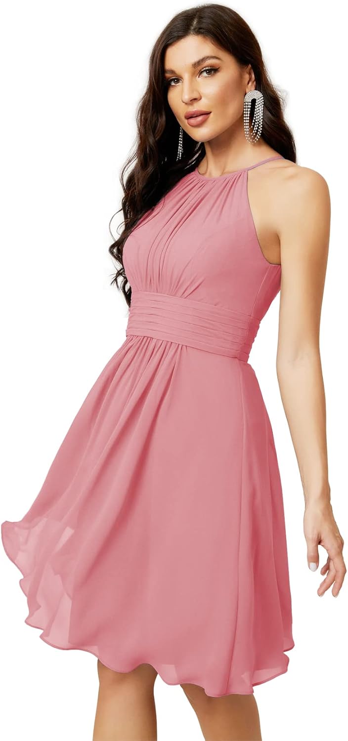 Sunnderly Short Halter Top Chiffon Bridesmaid Dresses Tea Length A Line Formal Evening Party Cocktail Dress Dusty Rose - View 8 | VelvetHem