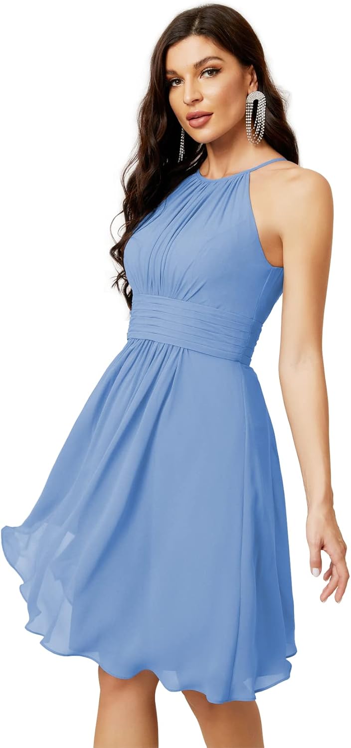Sunnderly Short Halter Top Chiffon Bridesmaid Dresses Tea Length A Line Formal Evening Party Cocktail Dress Dusty Rose - View 10 | VelvetHem