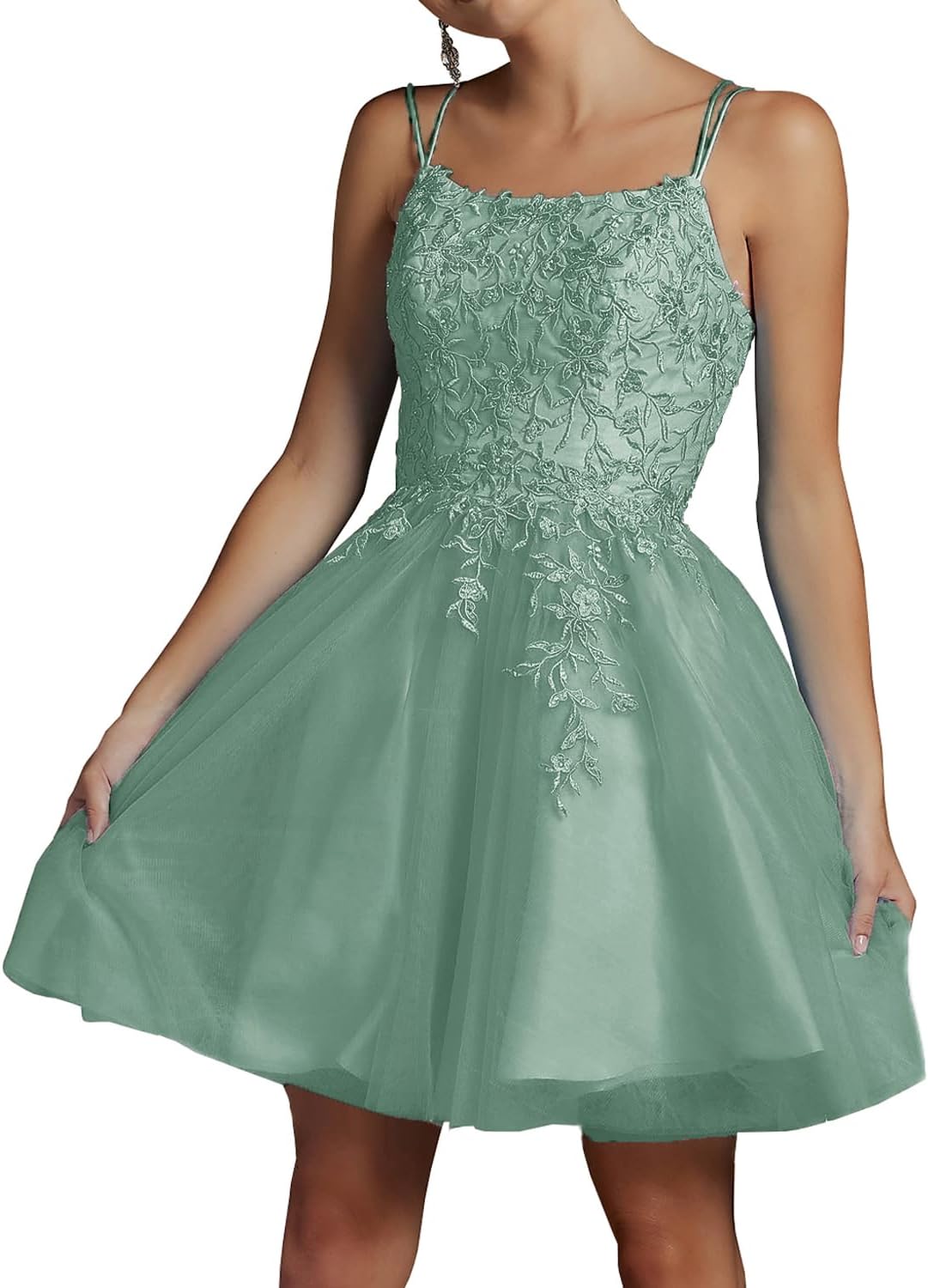 Modest Lace Beaded Tulle Homecoming Dresses Short Square Neck Prom Dress Spaghetti Straps Party Gown