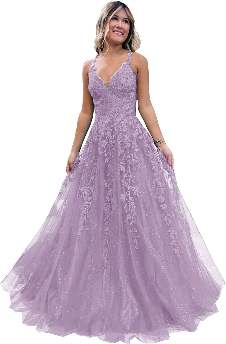 Floral Lace Glitter Tulle Prom Dress Long Ball Gown V Neck Formal Evening Dress Maxi Party Gown