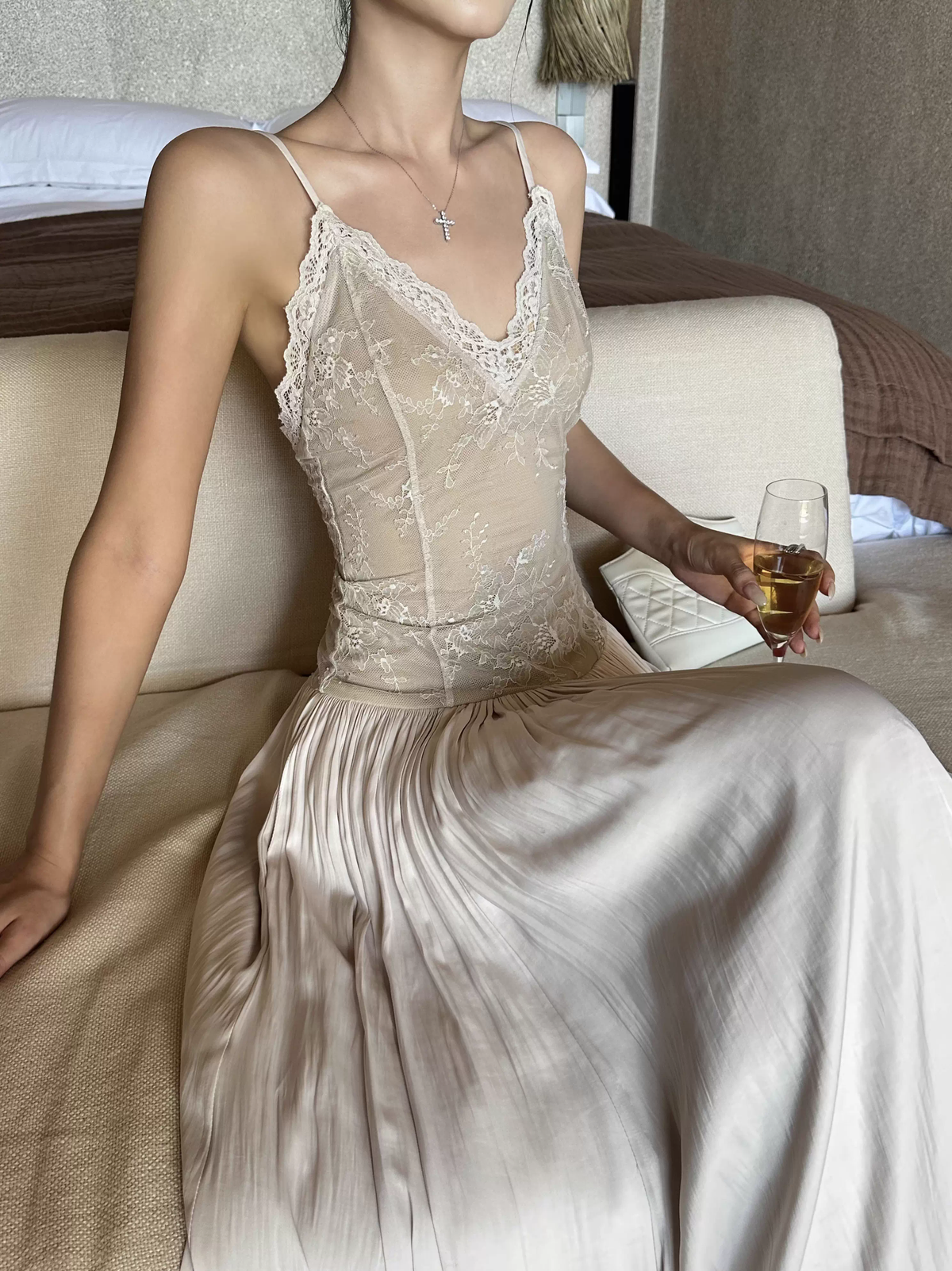 Unique Apricot Spaghetti Straps V-Neck Lace Satin A-Line Long Evening Dress Party Gown - FashionDia
