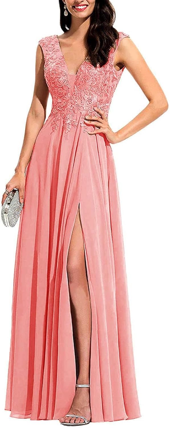 Chiffon Appliques Bridesmaid Dress Long V Neck Beaded Wedding Guest Gown with Split - View 13 | VelvetHem