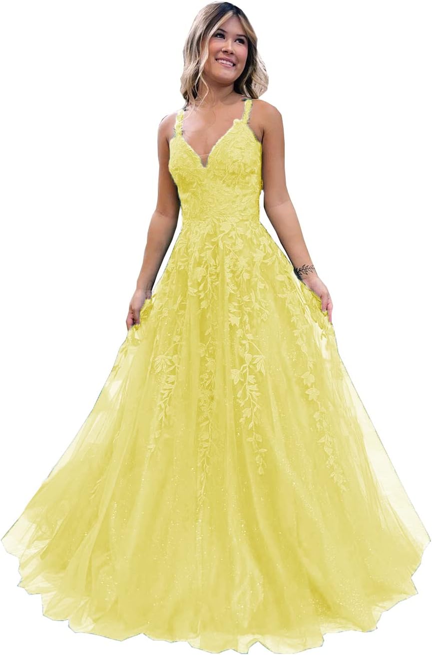 Floral Lace Glitter Tulle Prom Dress Long Ball Gown V Neck Formal Evening Dress Maxi Party Gown