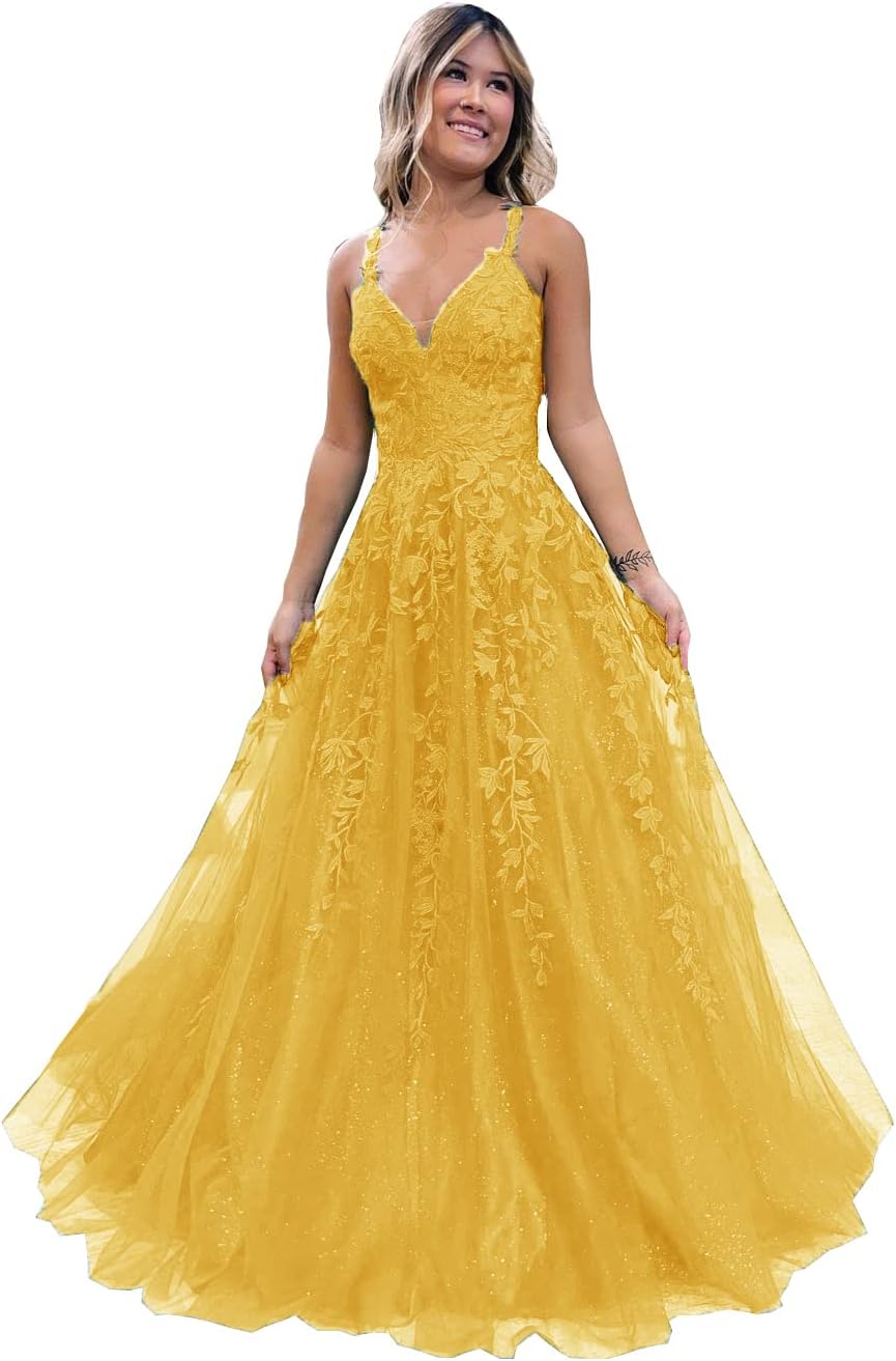 Floral Lace Glitter Tulle Prom Dress Long Ball Gown V Neck Formal Evening Dress Maxi Party Gown
