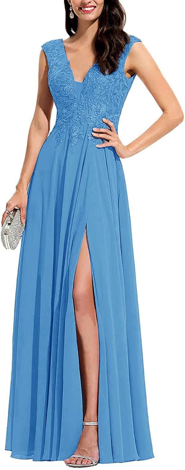 Chiffon Appliques Bridesmaid Dress Long V Neck Beaded Wedding Guest Gown with Split - View 8 | VelvetHem