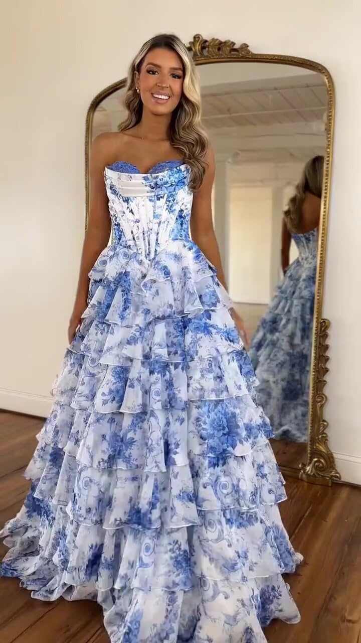Strapless Corset Prom Dresses for Women 2025 Long Tiered Ruffle Chiffon Formal Evening Gown with Slit