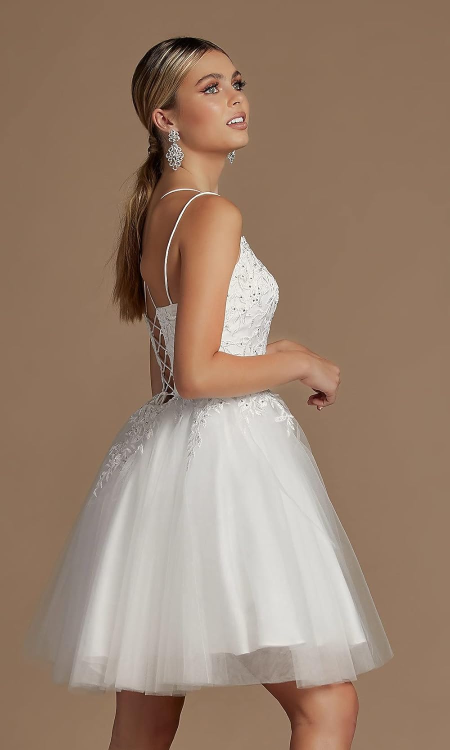Modest Lace Beaded Tulle Homecoming Dresses Short Square Neck Prom Dress Spaghetti Straps Party Gown - View 2 | VelvetHem