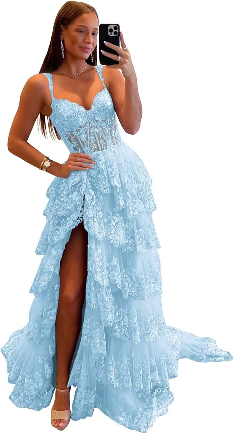 Sparkly Tiered Lace Tulle Prom Dresses Long 2025 Spaghetti Straps Formal Corset Evening Gown with Slit - View 13 | VelvetHem
