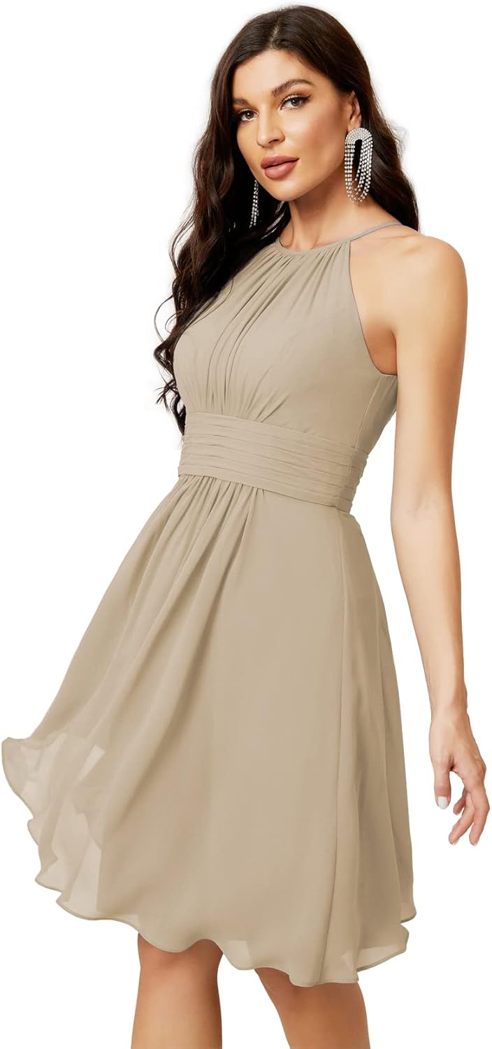 Sunnderly Short Halter Top Chiffon Bridesmaid Dresses Tea Length A Line Formal Evening Party Cocktail Dress Dusty Rose