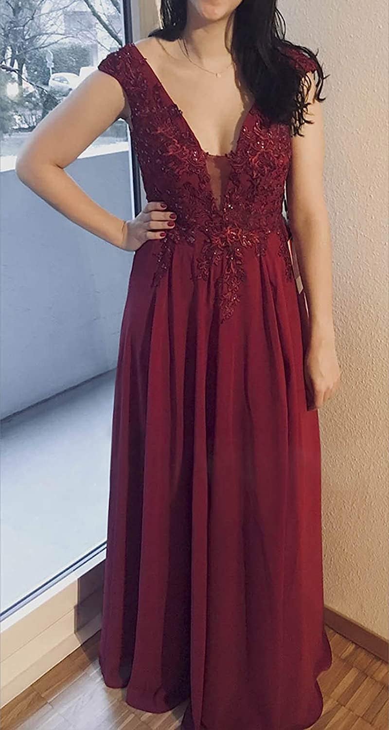 Chiffon Appliques Bridesmaid Dress Long V Neck Beaded Wedding Guest Gown with Split - View 5 | VelvetHem
