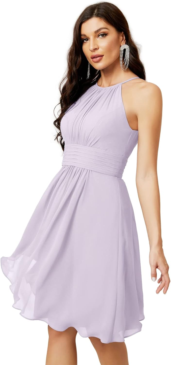 Sunnderly Short Halter Top Chiffon Bridesmaid Dresses Tea Length A Line Formal Evening Party Cocktail Dress Dusty Rose