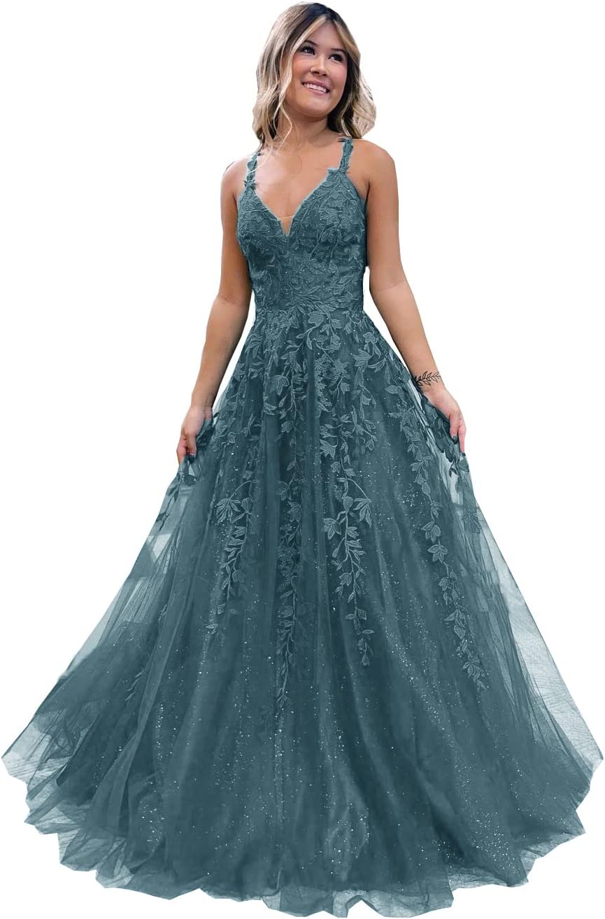 Floral Lace Glitter Tulle Prom Dress Long Ball Gown V Neck Formal Evening Dress Maxi Party Gown - View 11 | VelvetHem