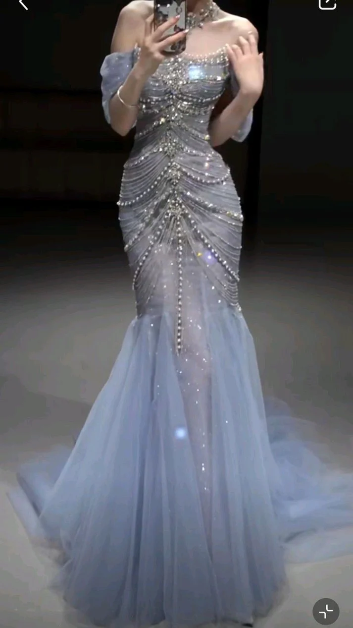 Luxury Blue Mermaid Strapless Tulle Beaded Long Prom Dress,Off The Shoulder Evening Dress