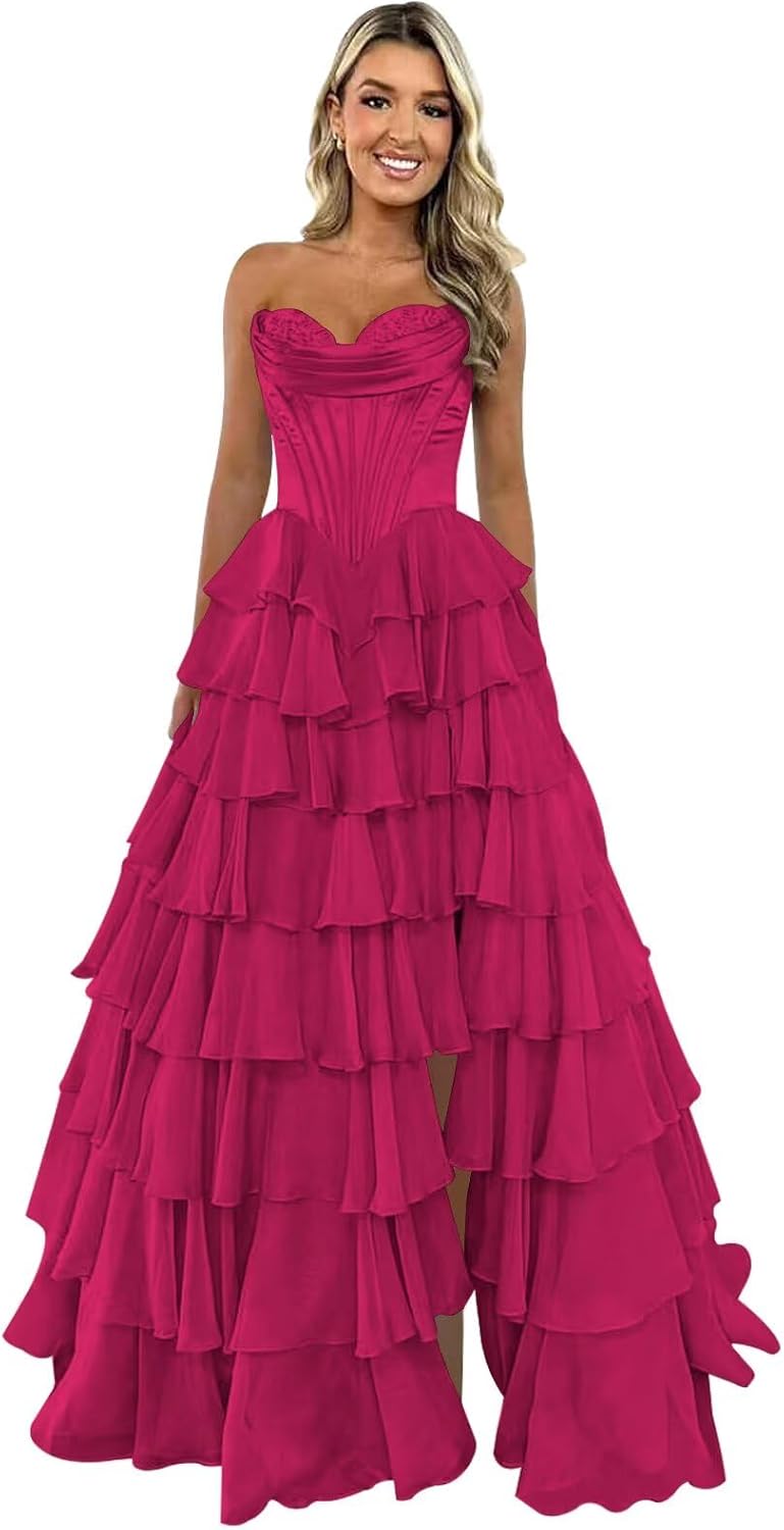 Strapless Corset Prom Dresses for Women 2025 Long Tiered Ruffle Chiffon Formal Evening Gown with Slit - View 14 | VelvetHem