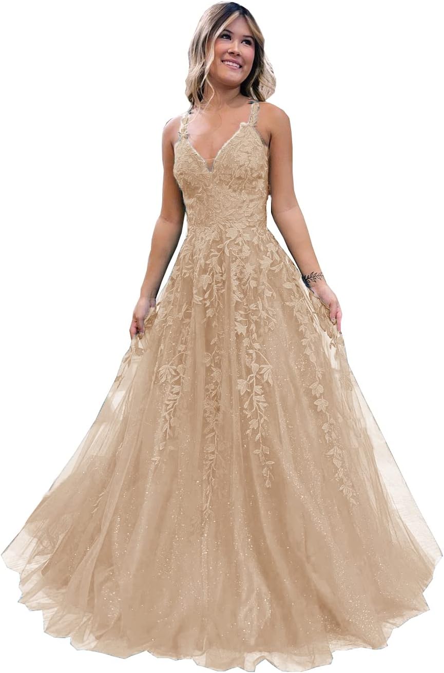 Floral Lace Glitter Tulle Prom Dress Long Ball Gown V Neck Formal Evening Dress Maxi Party Gown - View 10 | VelvetHem