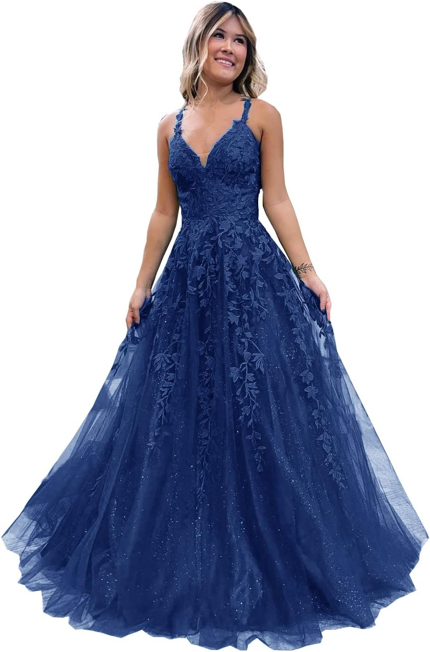 Floral Lace Glitter Tulle Prom Dress Long Ball Gown V Neck Formal Evening Dress Maxi Party Gown - View 15 | VelvetHem