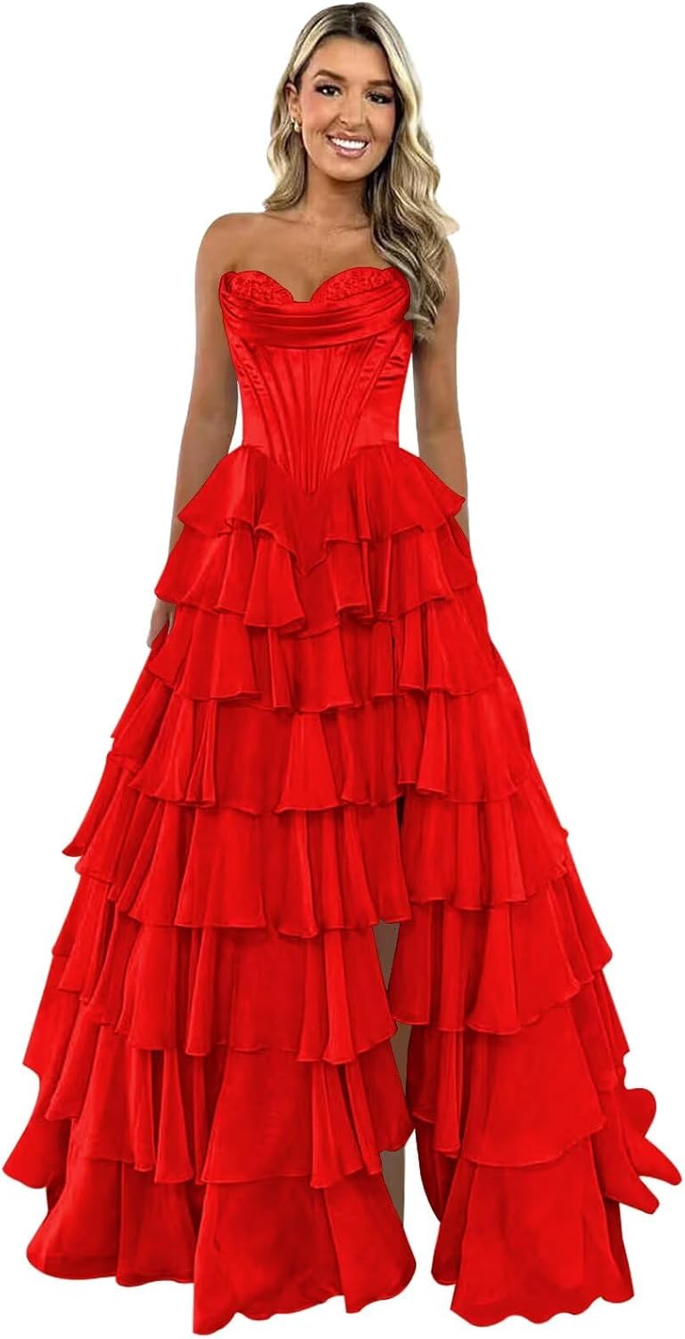 Strapless Corset Prom Dresses for Women 2025 Long Tiered Ruffle Chiffon Formal Evening Gown with Slit