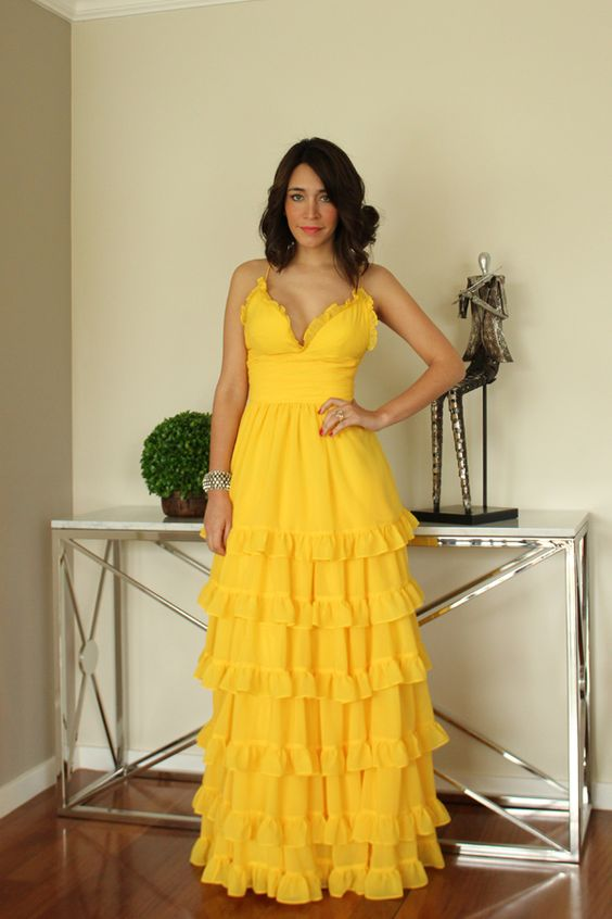 Charming Yellow A-Line Tiered Ruffle Prom Dress,Yellow Graduation Dress - FashionDia