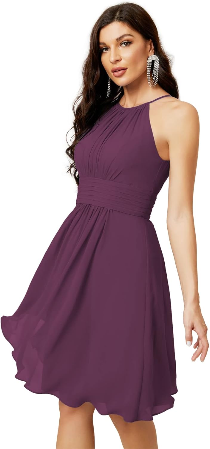 Sunnderly Short Halter Top Chiffon Bridesmaid Dresses Tea Length A Line Formal Evening Party Cocktail Dress Dusty Rose