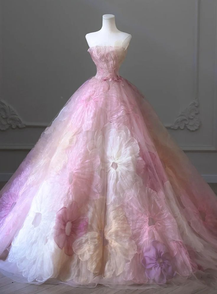 Fairy Pink 3D Appliques Flower Formal Ball Gown Elegant Strapless Sweet 16 Dress - VelvetHem