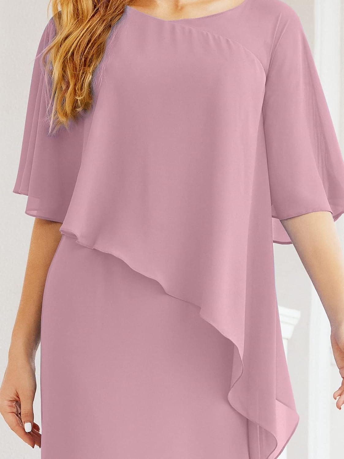 Sunnderly Chiffon Plus Size Mother of The Bride Dresses Formal Prom Gown Ruffle Cape - View 2 | VelvetHem