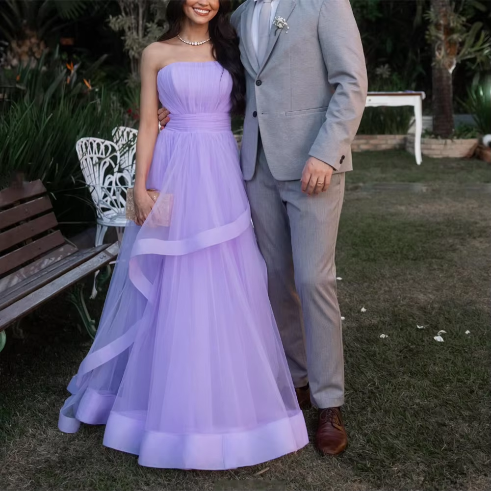 Lavender Tulle Long Dresses Wedding Party Ruffles Strapless Prom Dresses Formal Occasion Dress - View 4 | FashionDia