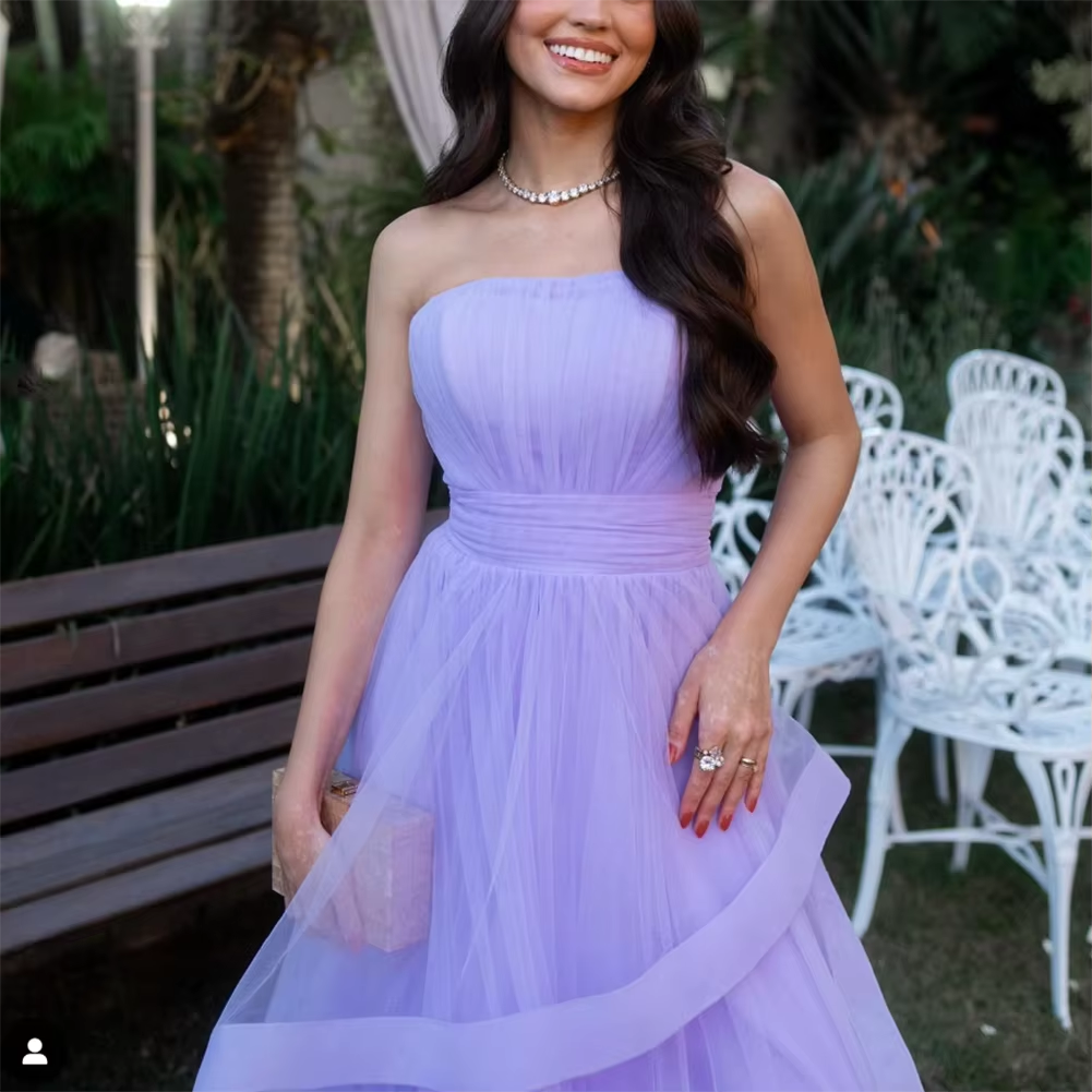 Lavender Tulle Long Dresses Wedding Party Ruffles Strapless Prom Dresses Formal Occasion Dress - View 3 | FashionDia