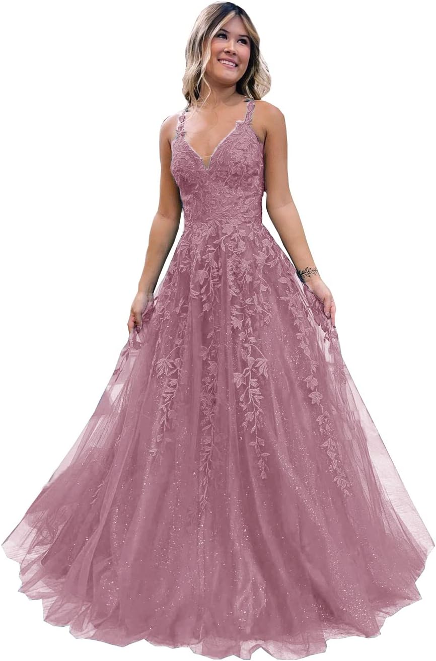 Floral Lace Glitter Tulle Prom Dress Long Ball Gown V Neck Formal Evening Dress Maxi Party Gown