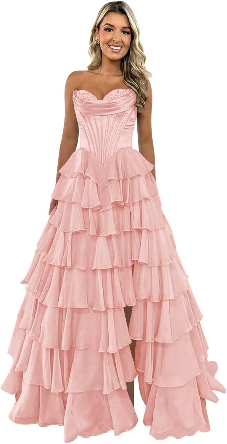 Strapless Corset Prom Dresses for Women 2025 Long Tiered Ruffle Chiffon Formal Evening Gown with Slit