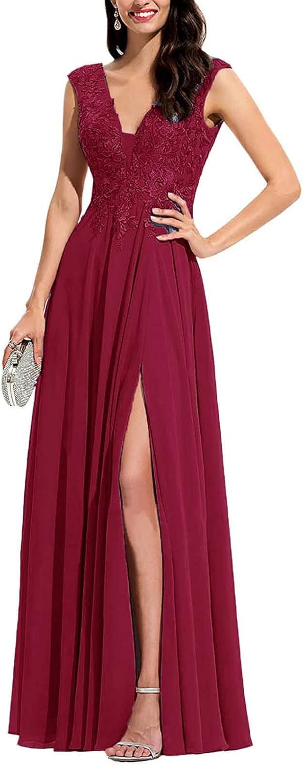Chiffon Appliques Bridesmaid Dress Long V Neck Beaded Wedding Guest Gown with Split - View 10 | VelvetHem