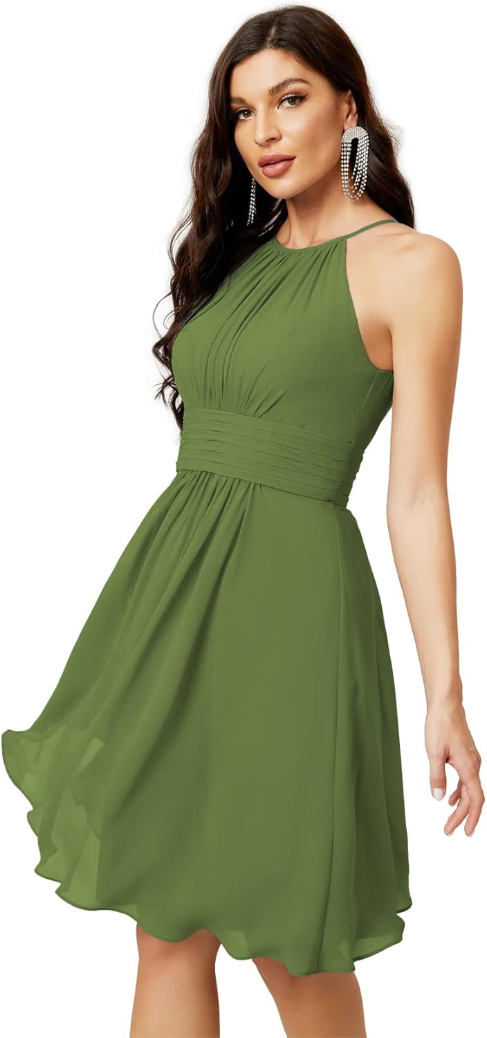 Sunnderly Short Halter Top Chiffon Bridesmaid Dresses Tea Length A Line Formal Evening Party Cocktail Dress Dusty Rose