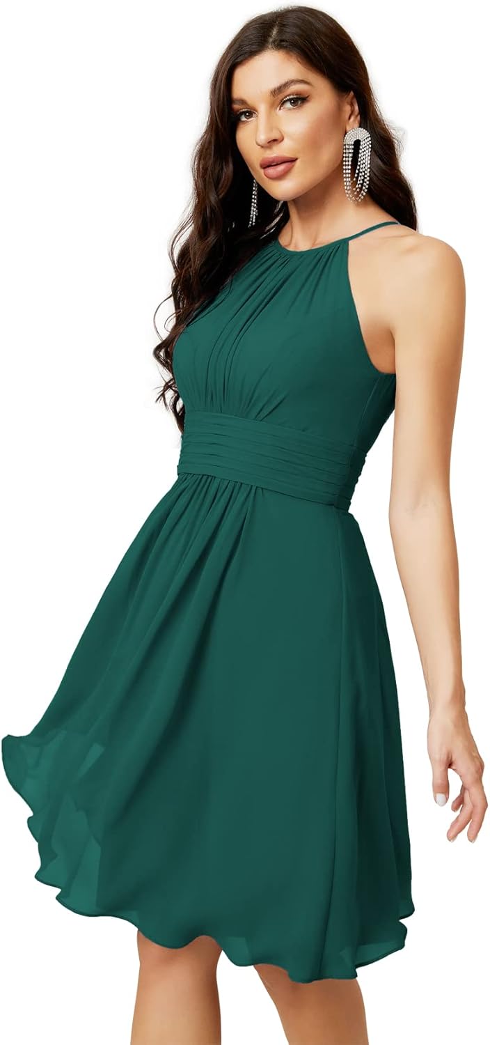 Sunnderly Short Halter Top Chiffon Bridesmaid Dresses Tea Length A Line Formal Evening Party Cocktail Dress Dusty Rose