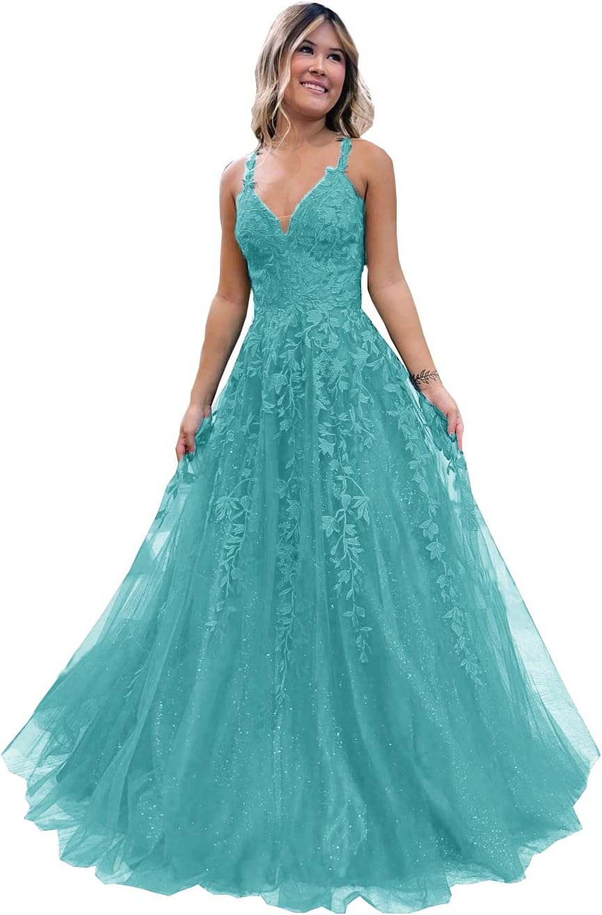 Floral Lace Glitter Tulle Prom Dress Long Ball Gown V Neck Formal Evening Dress Maxi Party Gown