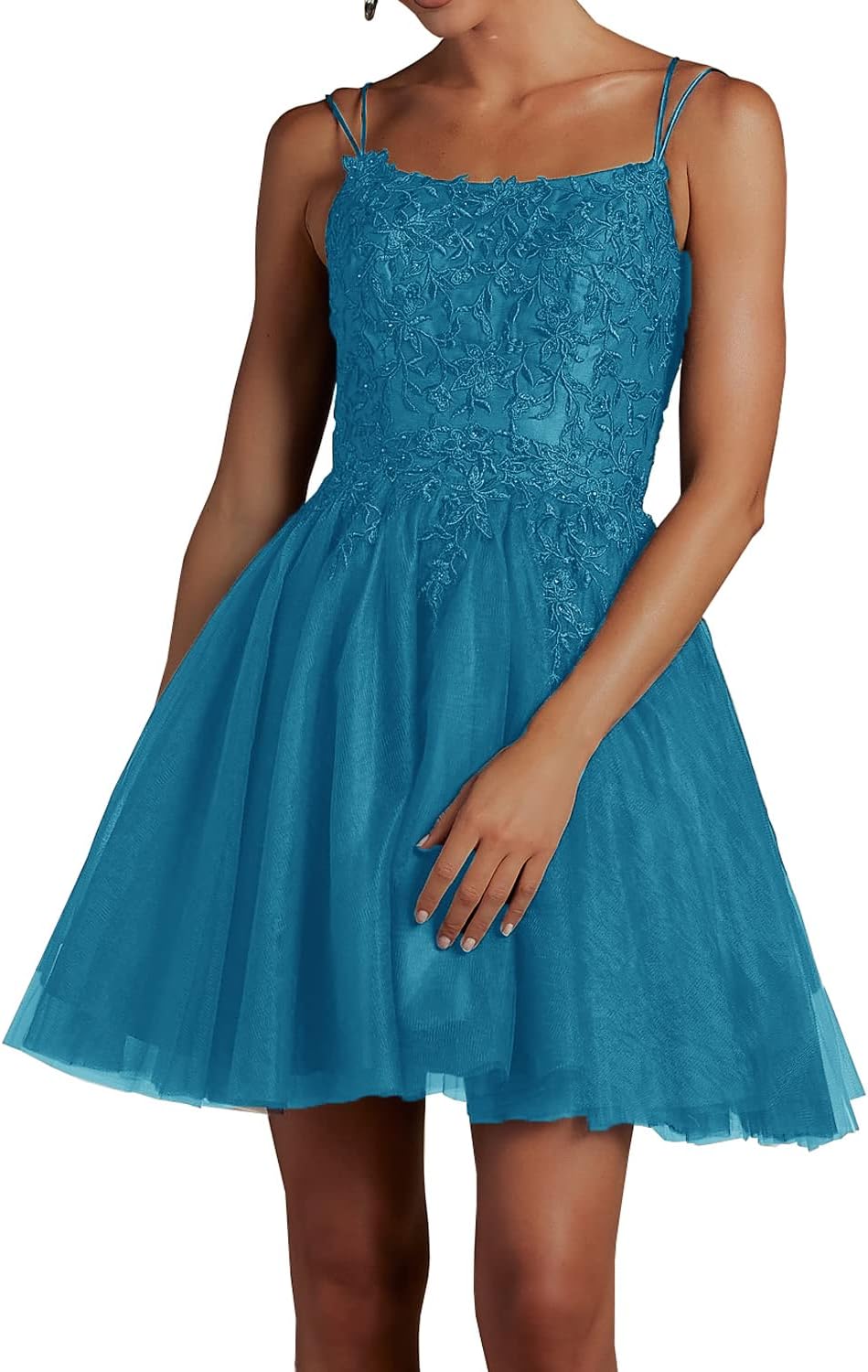 Modest Lace Beaded Tulle Homecoming Dresses Short Square Neck Prom Dress Spaghetti Straps Party Gown - View 7 | VelvetHem