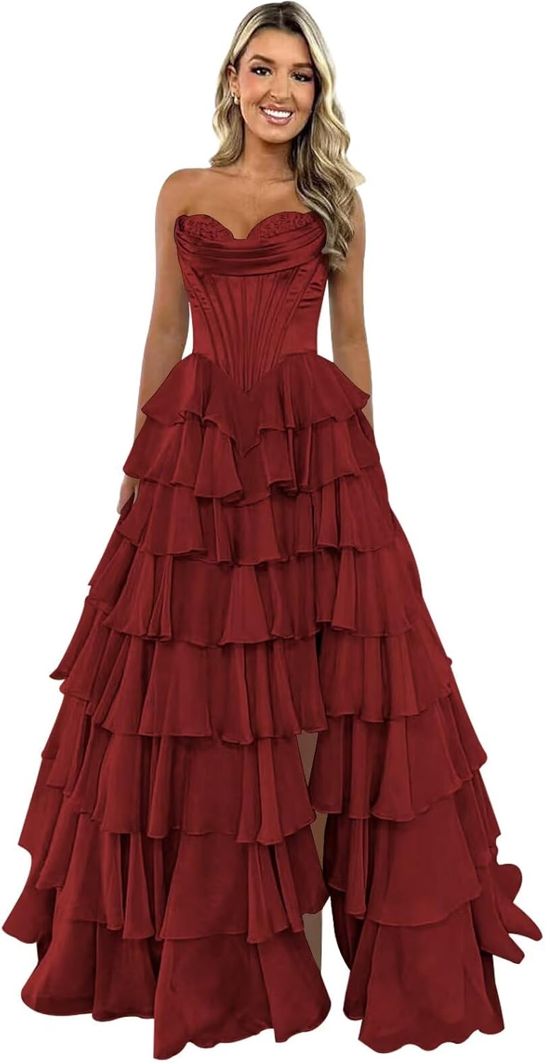 Strapless Corset Prom Dresses for Women 2025 Long Tiered Ruffle Chiffon Formal Evening Gown with Slit