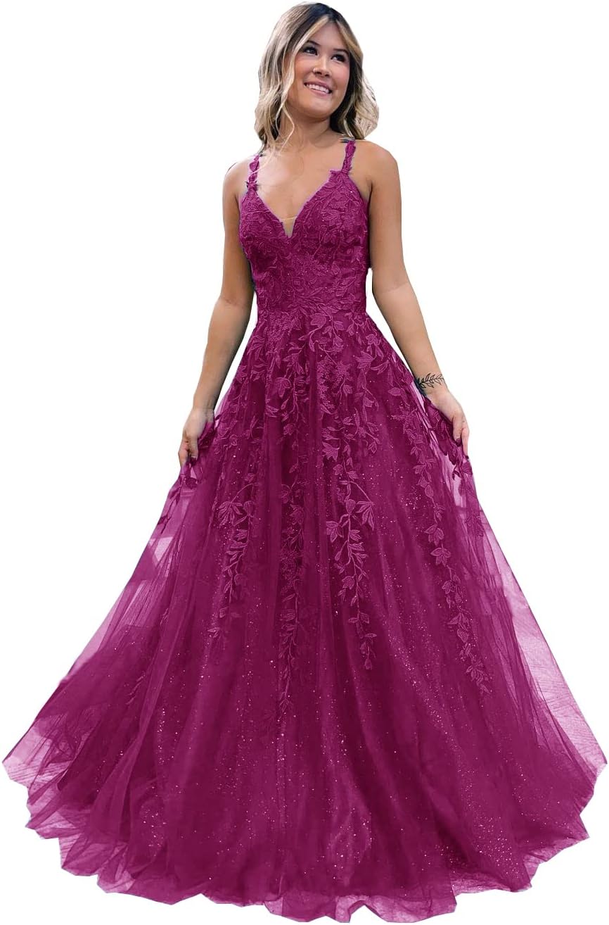 Floral Lace Glitter Tulle Prom Dress Long Ball Gown V Neck Formal Evening Dress Maxi Party Gown - View 8 | VelvetHem