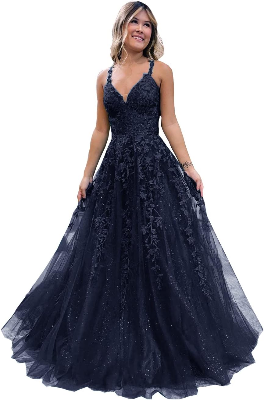 Floral Lace Glitter Tulle Prom Dress Long Ball Gown V Neck Formal Evening Dress Maxi Party Gown - VelvetHem