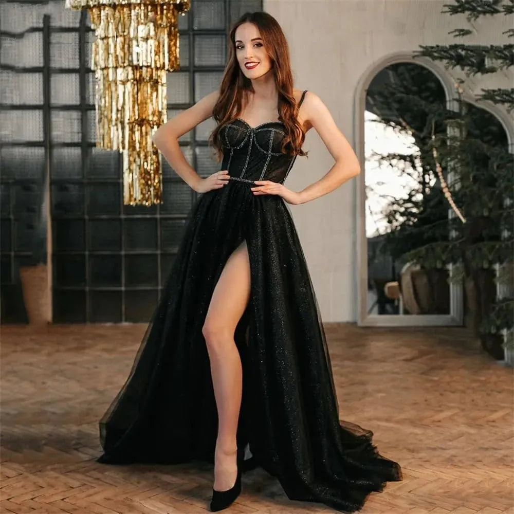 Black Glitter Tulle A Line Prom Dresses Formal Spaghetti Strap Prom Gowns High Slit Evening Dress Wedding Party Gowns
