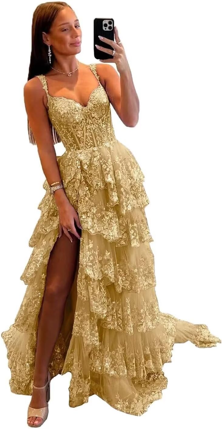 Sparkly Tiered Lace Tulle Prom Dresses Long 2025 Spaghetti Straps Formal Corset Evening Gown with Slit - View 14 | VelvetHem