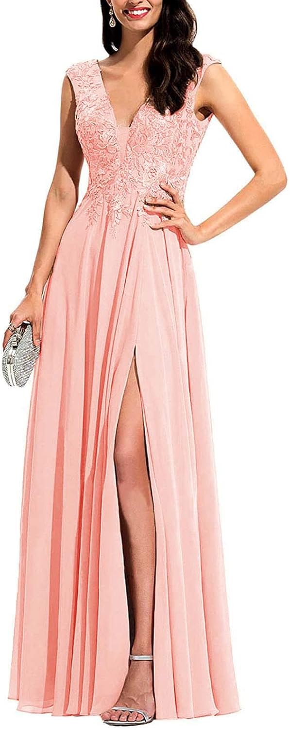 Chiffon Appliques Bridesmaid Dress Long V Neck Beaded Wedding Guest Gown with Split - View 9 | VelvetHem