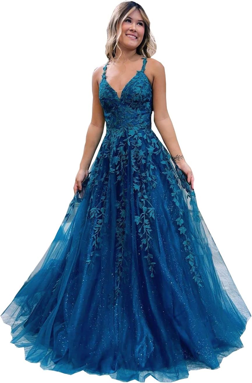 Floral Lace Glitter Tulle Prom Dress Long Ball Gown V Neck Formal Evening Dress Maxi Party Gown