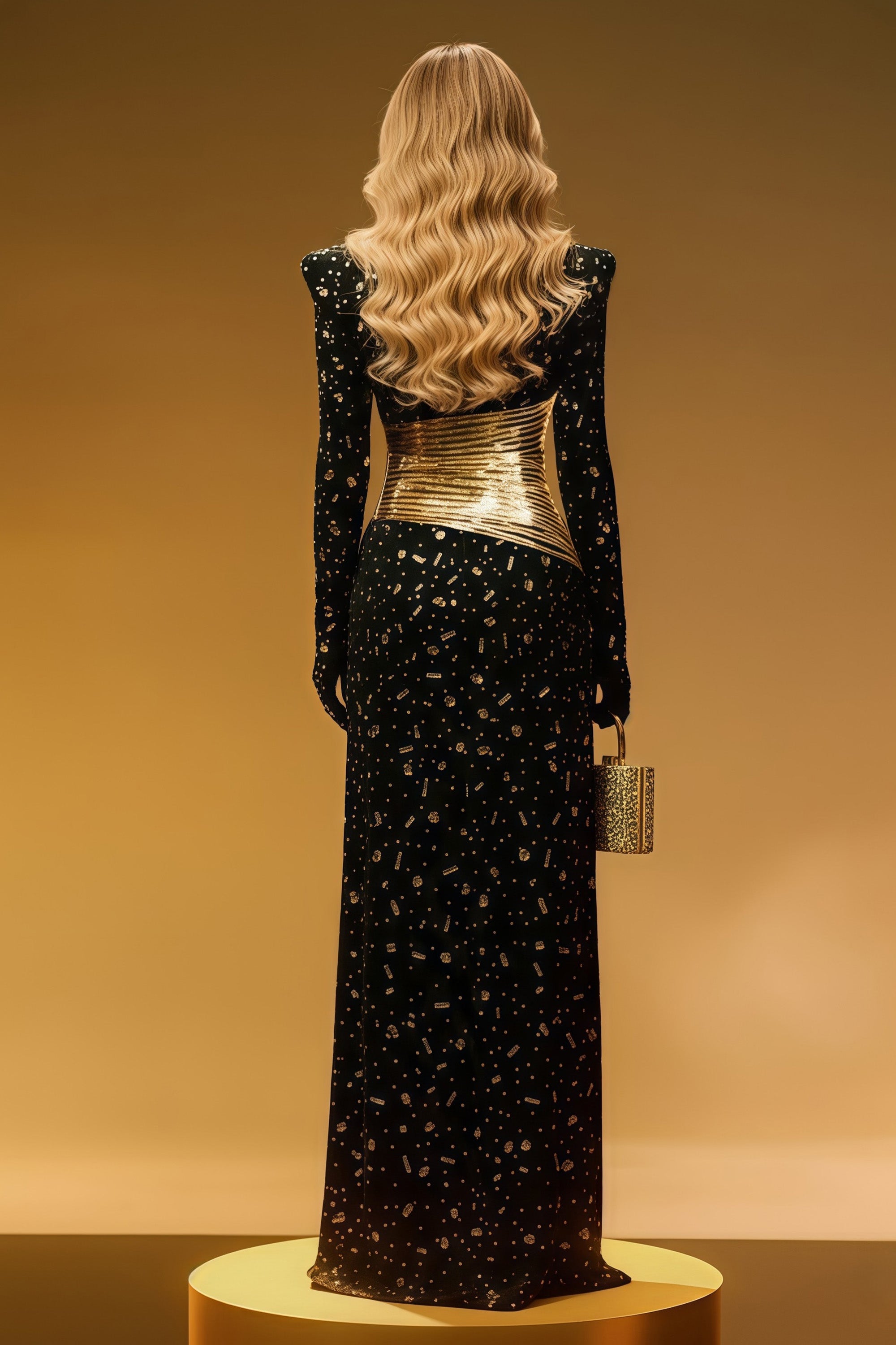 High-Neck Maxi Dress with Integrated Gloves and Metallic Ruched Waist