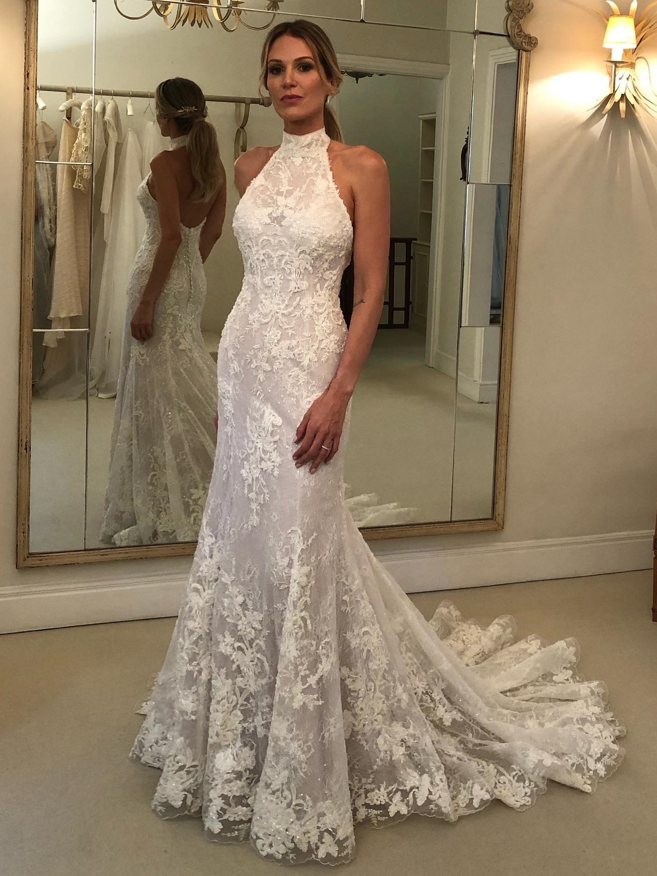 Halter Neck Mermaid Backless Lace Wedding Dress With Train - VelvetHem