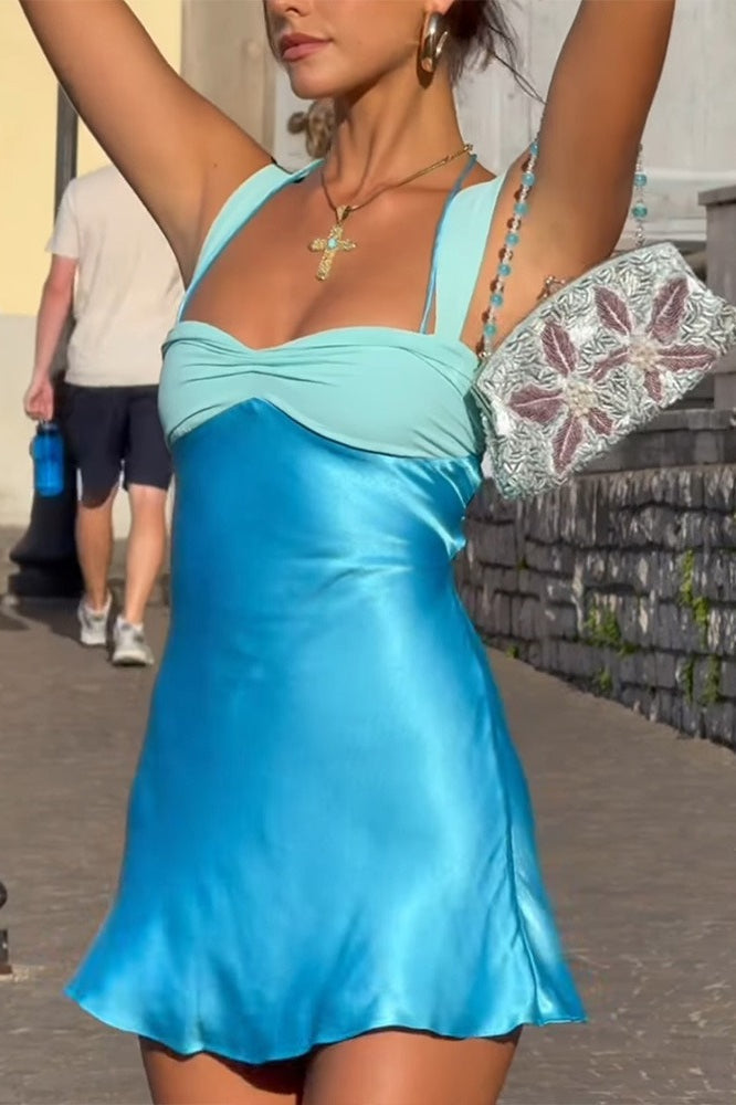 Satin Color Block Backless Cami Bodycon Mini Silk Dress - View 2 | VelvetHem