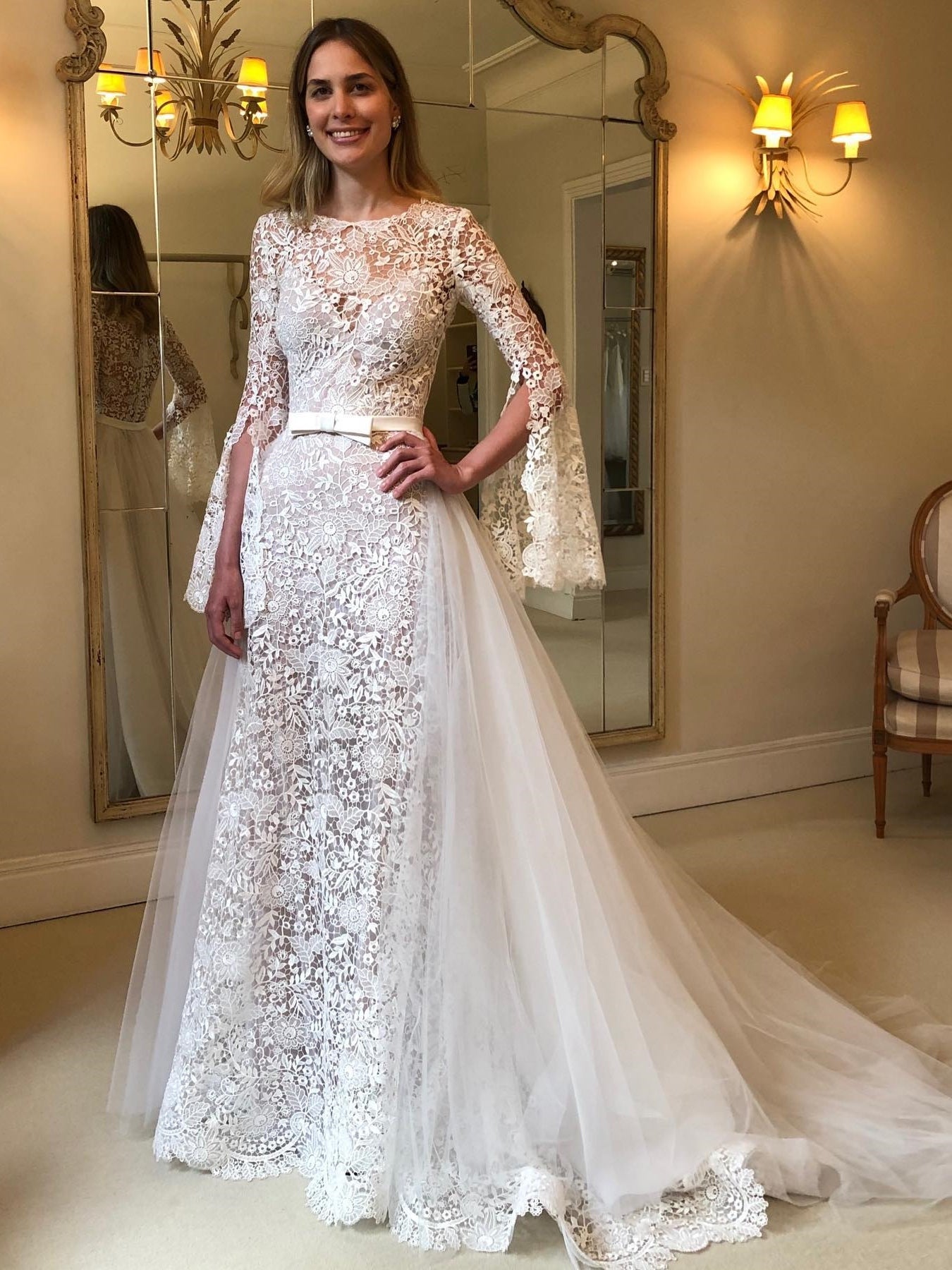 Jewel Neck Bell Long Sleeve Allover Floral Lace A-Line Wedding Dress With Waist Sash