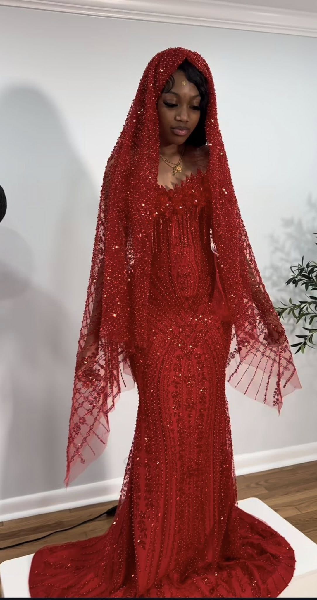 The Ruby Heiress - 2026 Hand-Beaded Crimson Mermaid Gown with Matching Crystal-Encrusted Hooded Veil (ZD17402)