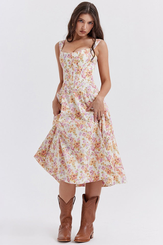 Floral Boned Spaghetti Strap Party Dress - VelvetHem