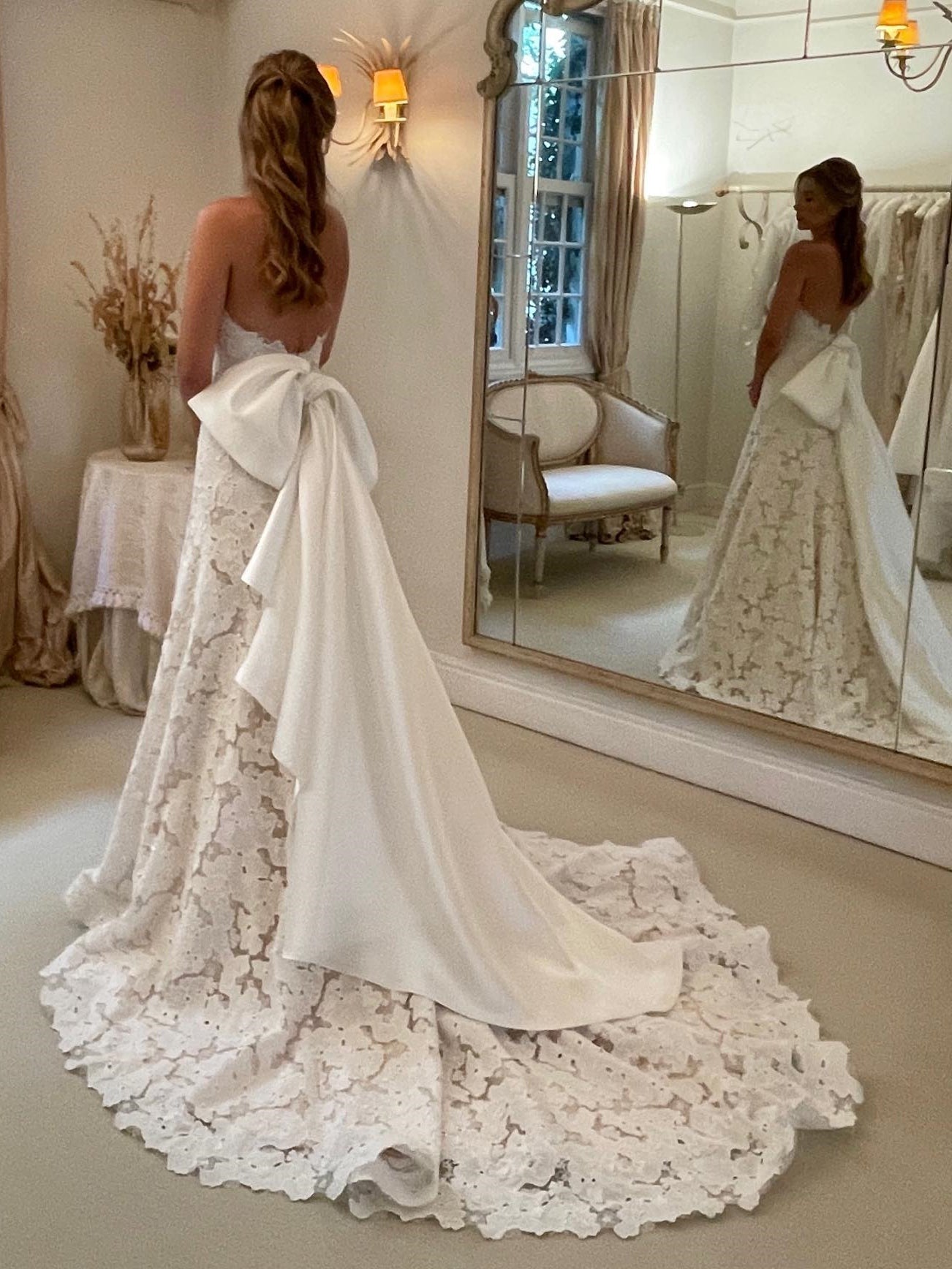 Sweetheart Floral Lace Wedding Dress With Oversized Satin Back Bow And Chapel Train - View 2 | FashionDia