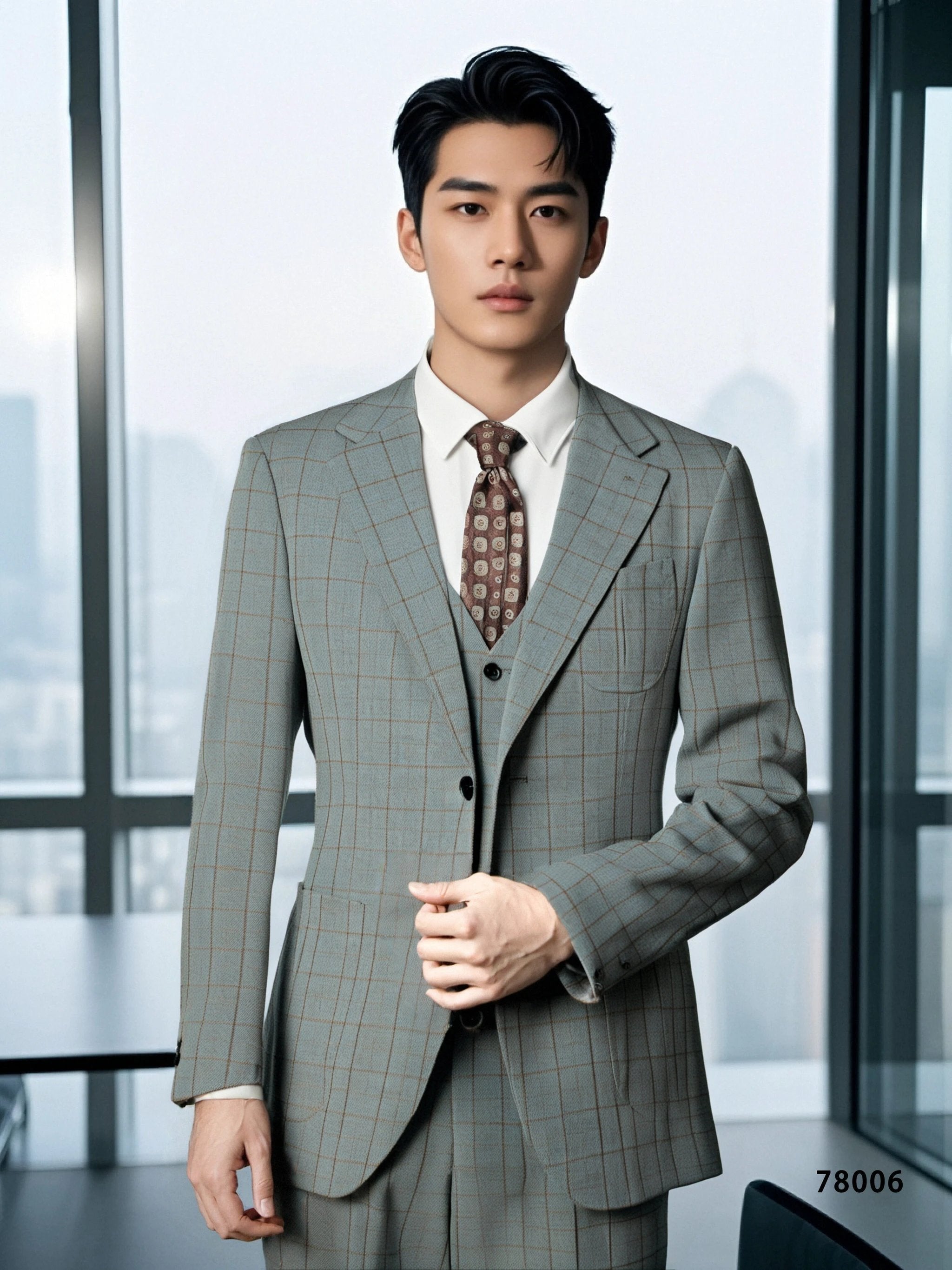 Windowpane Check Three Piece Wool Suit For Groom Wedding (ZD17101)